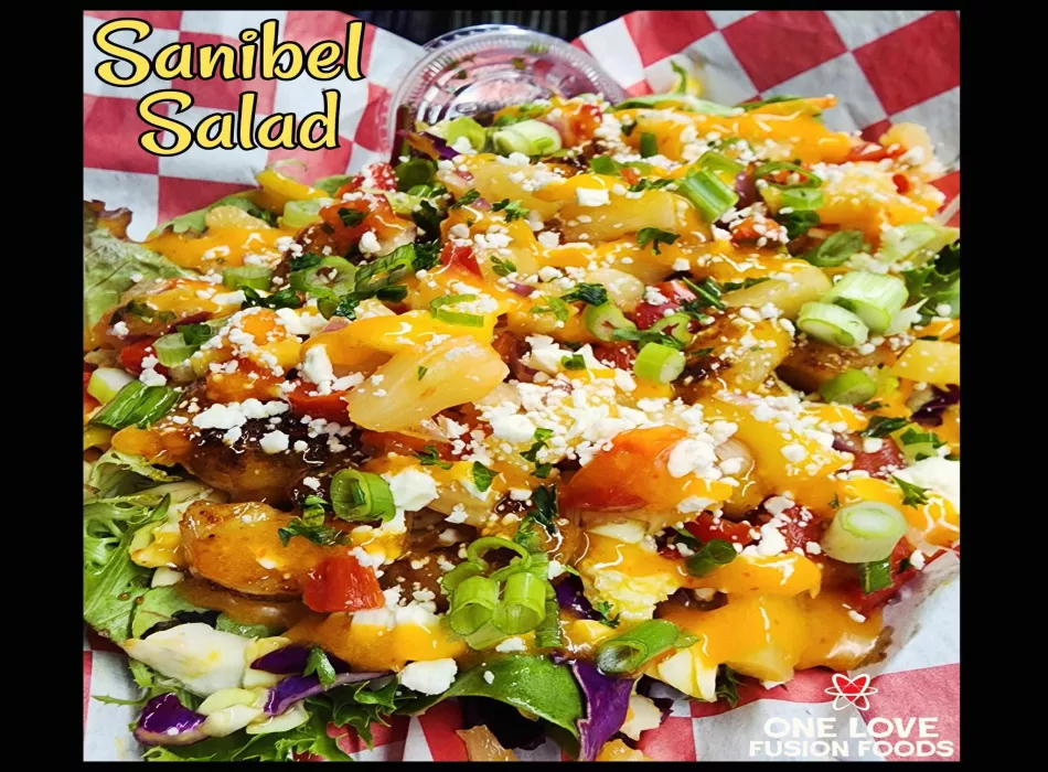 Sanibel Salad: Coconut shrimp over a bed of greens, topped with slaw tropical pico de gallo, sunset sauce, feta cheese, and scallions