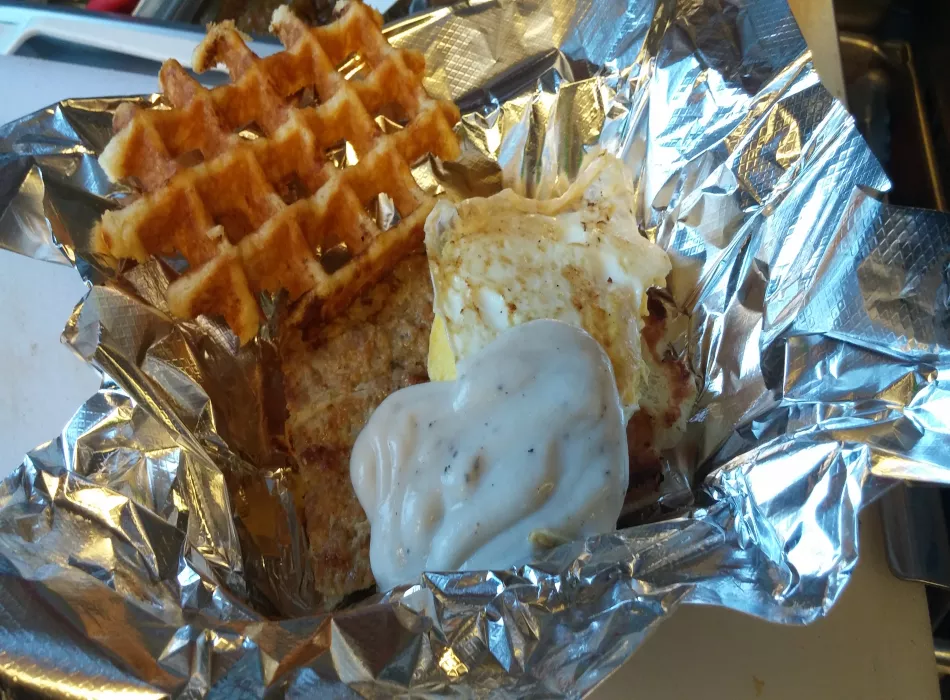 Breakfast Waffle: Pork Patty, Fried Egg and White Gravy