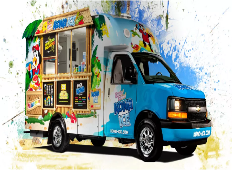 Kona Entertainment Vehicles.   Our Kona trucks aren’t just trucks, they’re Kona Entertainment Vehicles. It perfectly describes what we’re all about! Our shaved ice trucks scream fun and excitement from the shiny chrome wheels, the colorful characters and the tropical steel drum music that whisks you away to a tropical paradise.