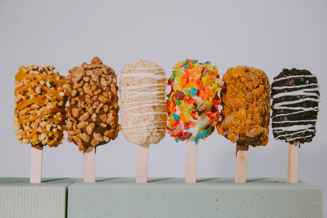 Our desserts lined up in an assortment of flavors and colors