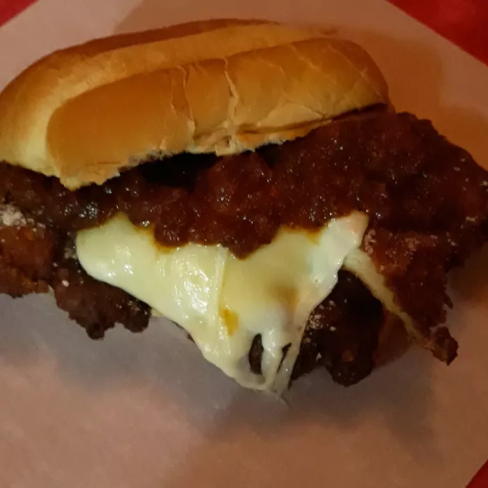 Our yummy, melty, marinara-ee ChickenParmesean sandwich
