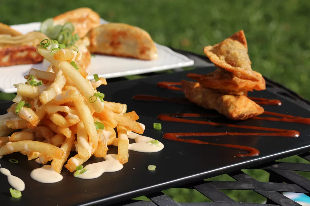 Tempura Bacon Cheeseburger wonton and Smoked Truffle Fries