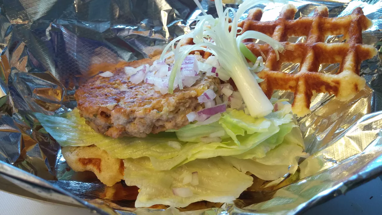 Vegetarian Waffle: Homemade Garden Patty, Mayo, Lettuce and Red Onion