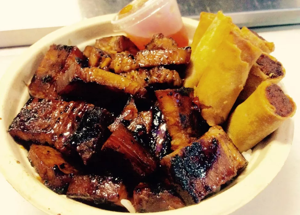 grilled pork belly served over rice plus lumpia (springrolls)